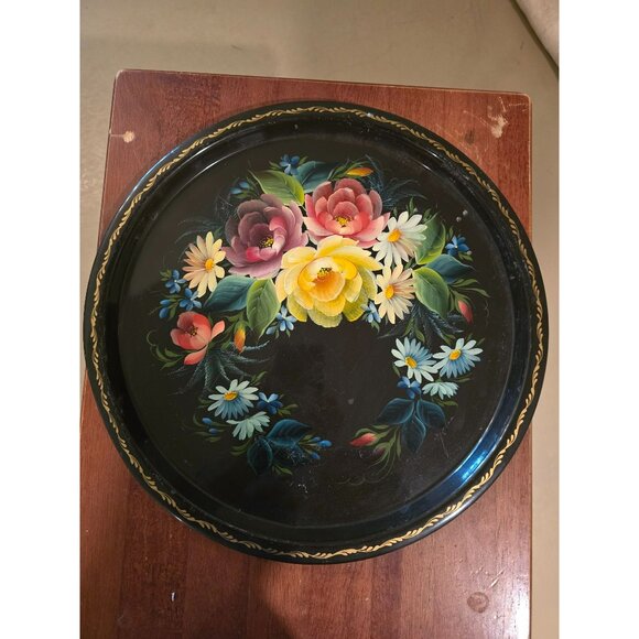 VTG Floral Toleware Russian Metal Round Tray Stamped Hand Painted Gold Trim 14" - Picture 1 of 5